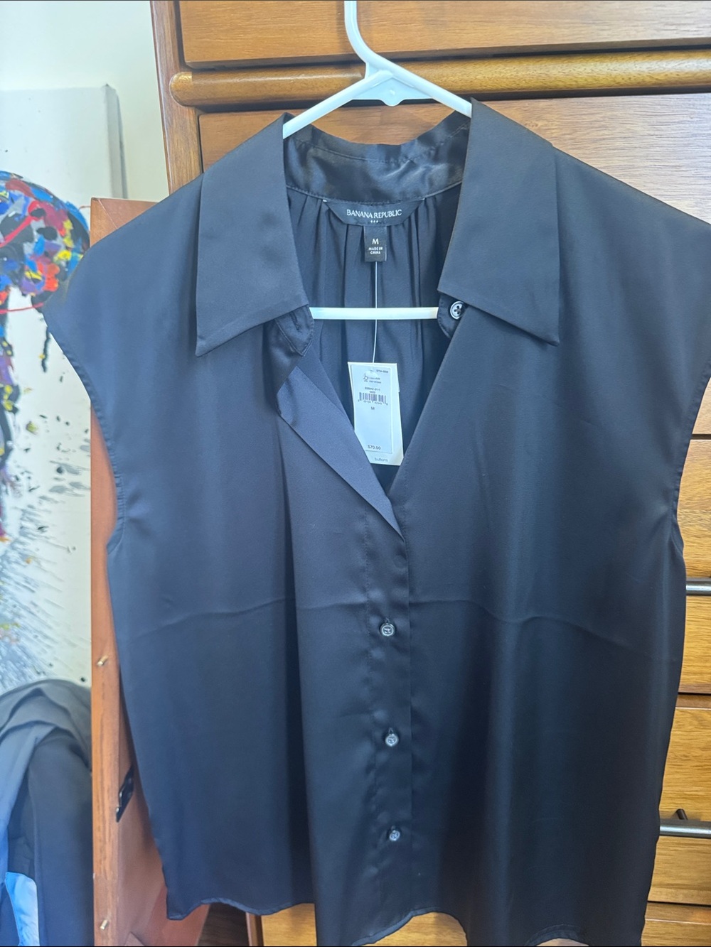 Banana Republic Black Satin-Look Sleeveless Button Front Blouse